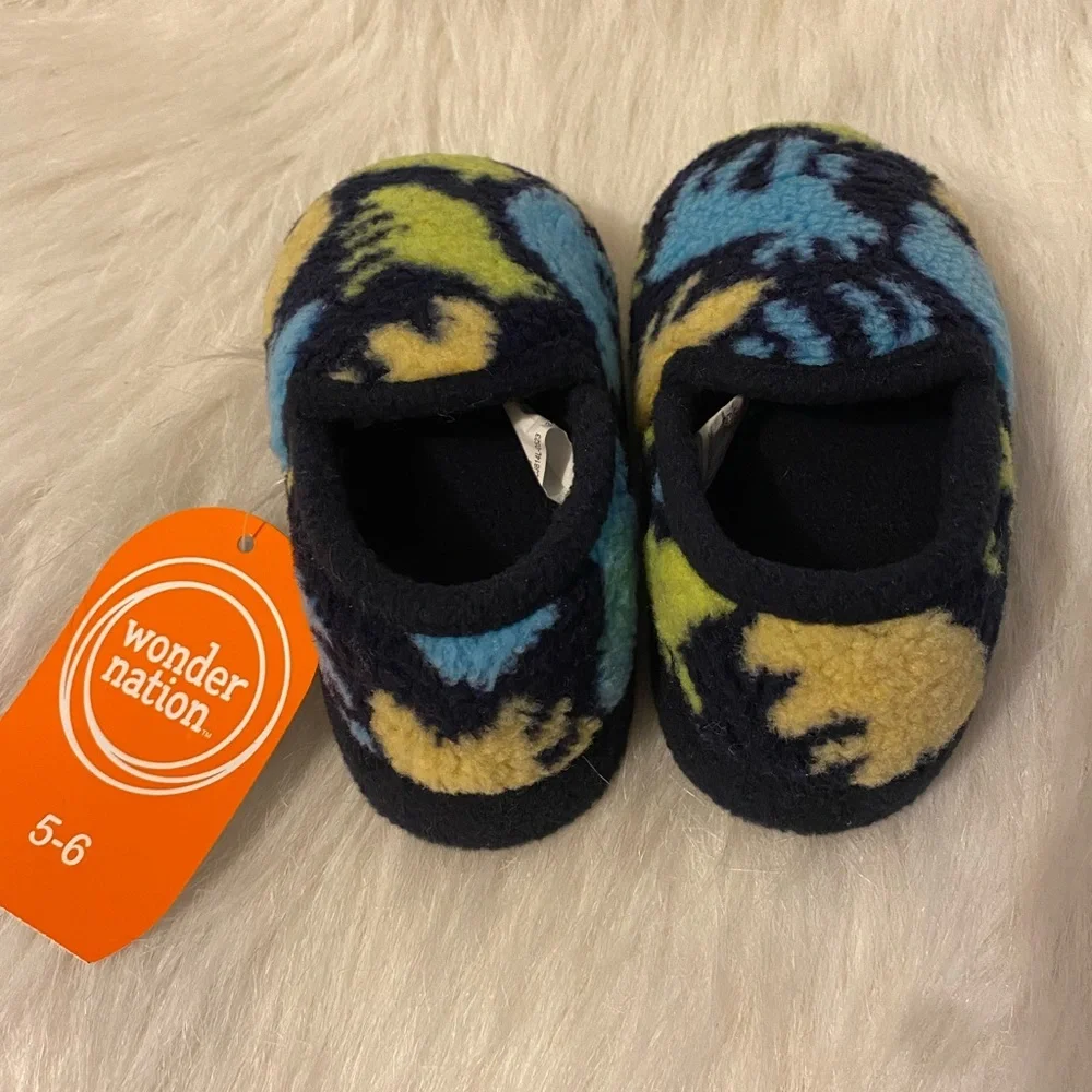 Wonder Nation Slippers Boys Size 5-6 Blue Forest Animals‎ Slip On Shoes